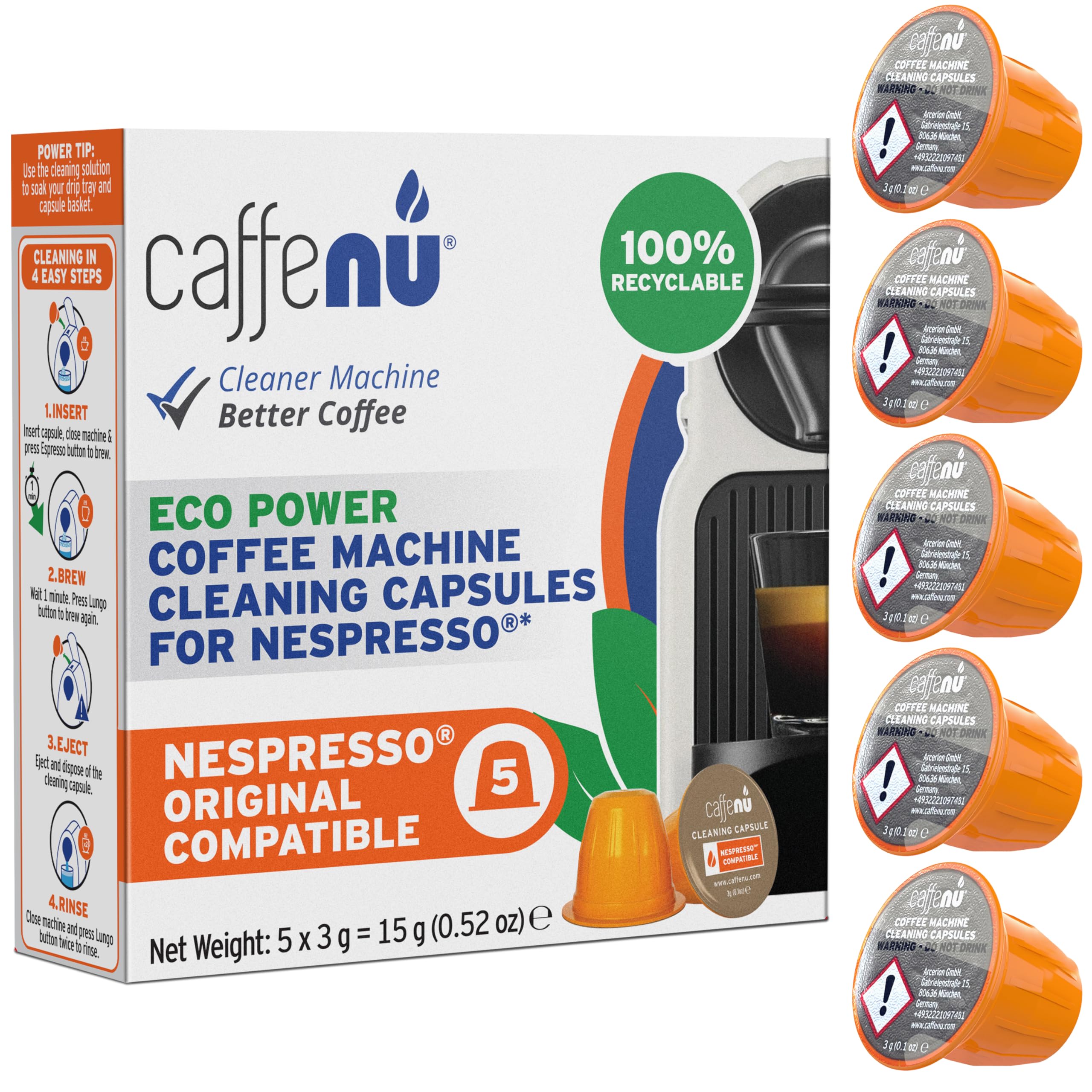 Caffenu Nespresso cleaning pod packaging for Originaline shows eco-friendly design.
