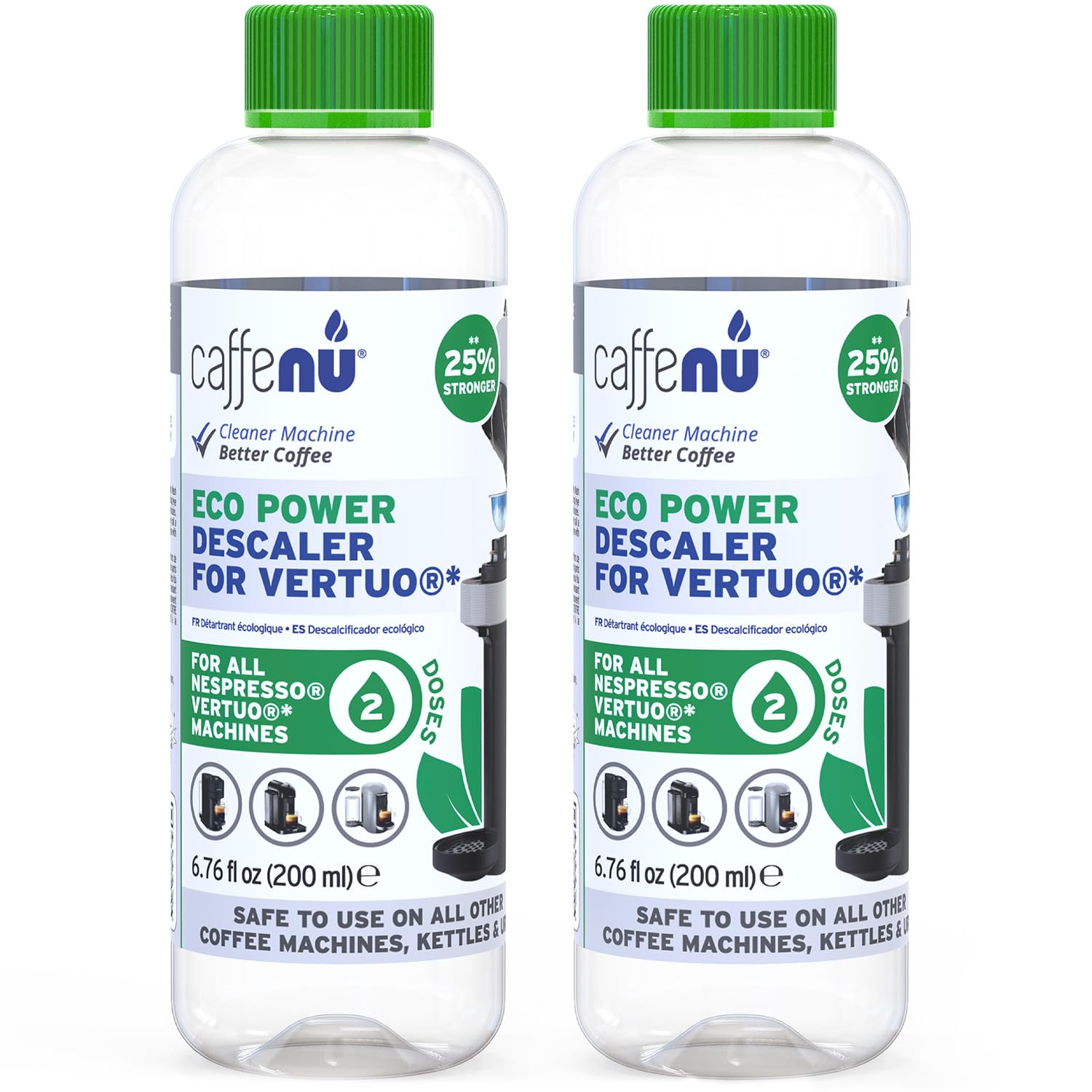 Caffenu Vertuo descaler bottle with dosage guide for regular maintenance of espresso machines.