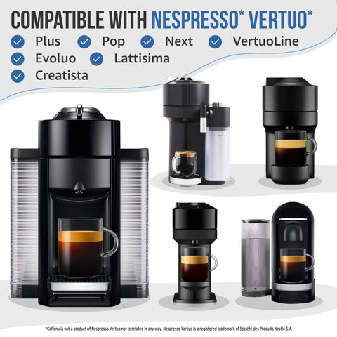 Caffenu Vertuo descaler label showing compatibility with Vertuo and OriginalLine machines.