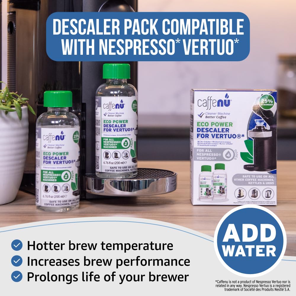 Caffenu Vertuo descaler liquid action close-up showing fast descaling effect.