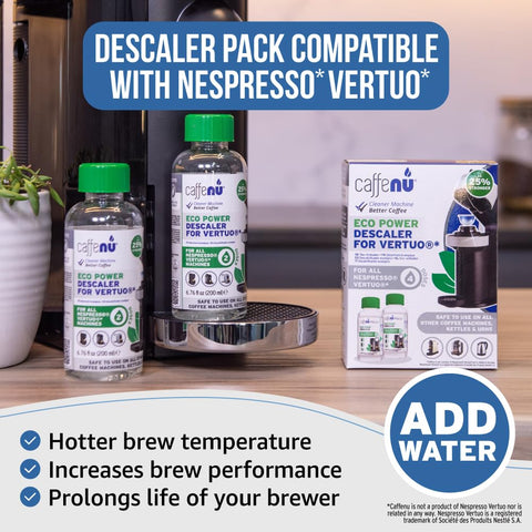 Caffenu Vertuo descaler liquid action close-up showing fast descaling effect.