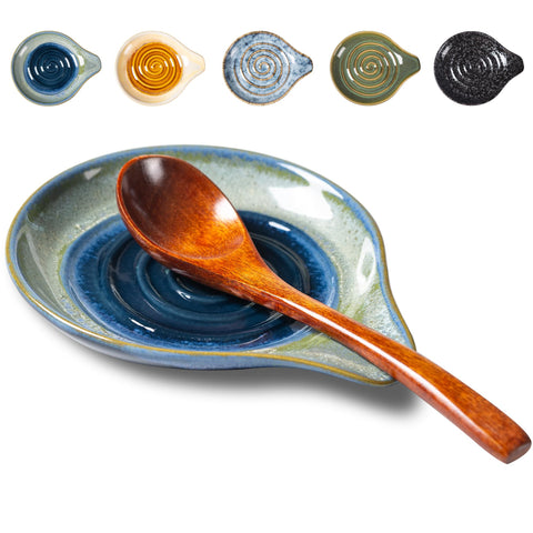 Caigmo ceramic spoon rest on stovetop with blue-green gradient, keeping countertops clean while cooking