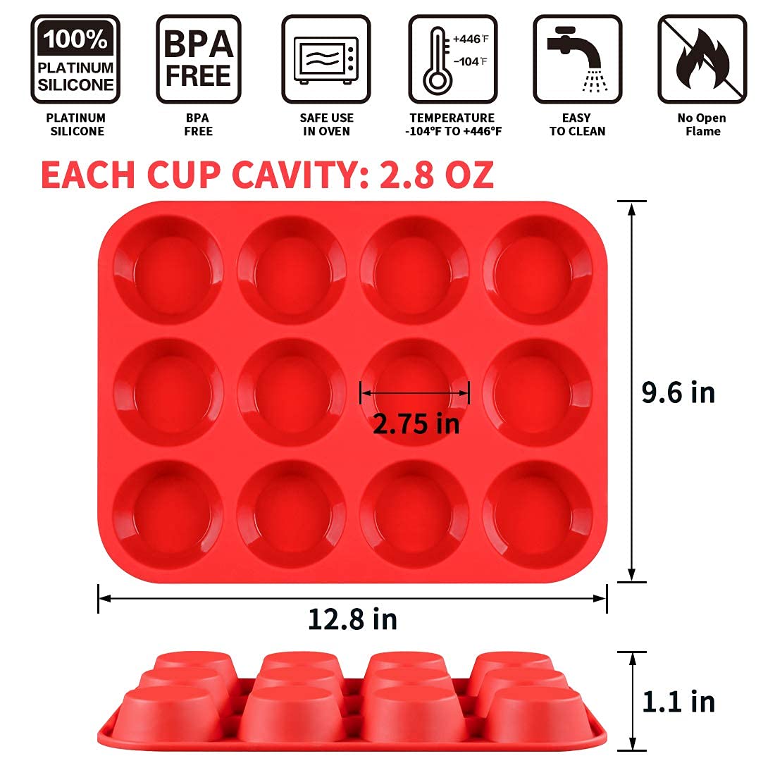 CAKETIME 12-cup silicone muffin pan close-up release highlights easy pop-out.