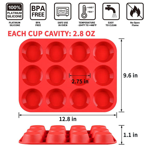 CAKETIME 12-cup silicone muffin pan close-up release highlights easy pop-out.