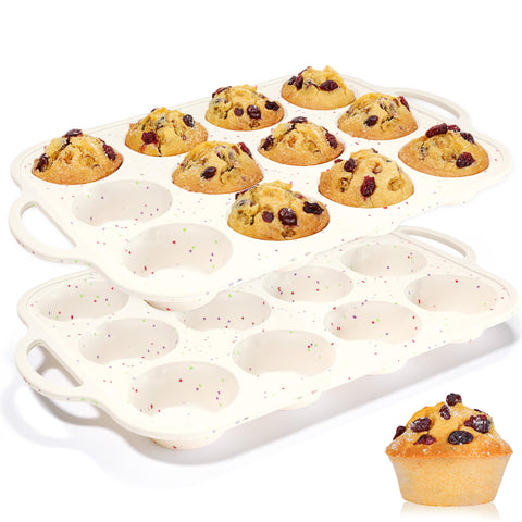CAKETIME silicone muffin pan with metal reinforced frame for sturdy edge support during baking.