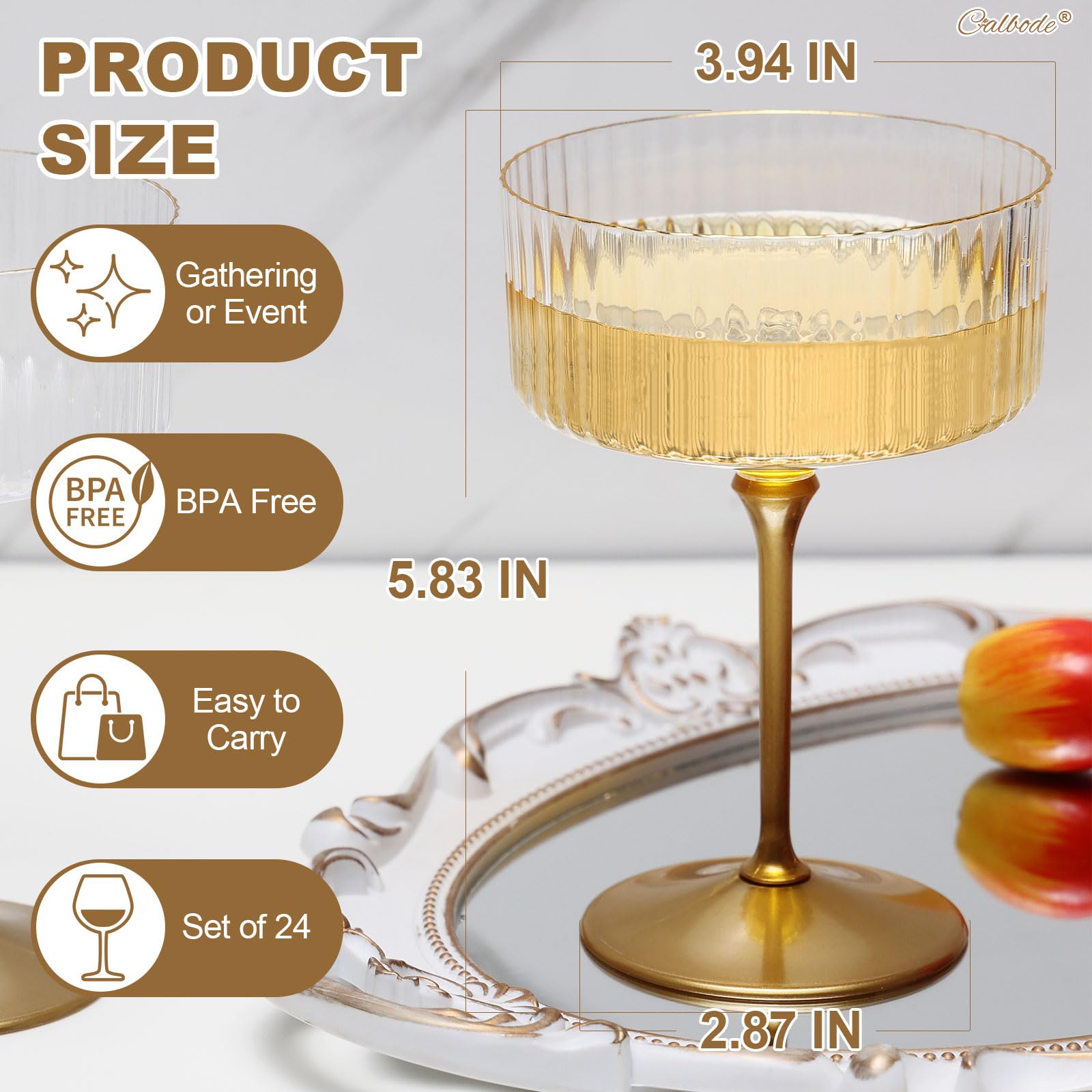 CALBODE ribbed coupe glass with gold rim adds vintage flair to cocktails.