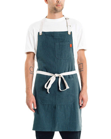 Caldo linen kitchen apron spruce back view secure tie system