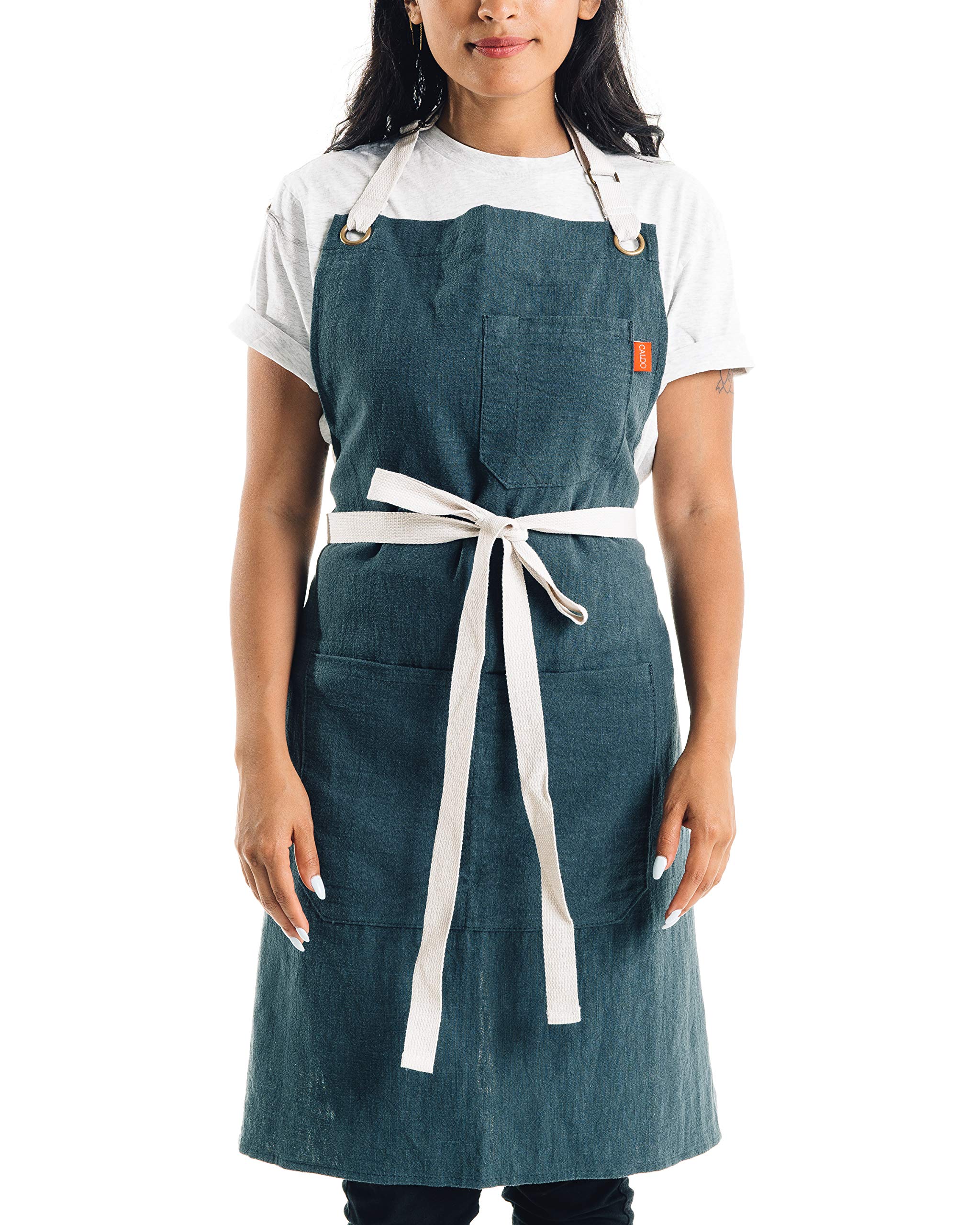 Caldo linen kitchen apron spruce front view with adjustable neck strap pockets