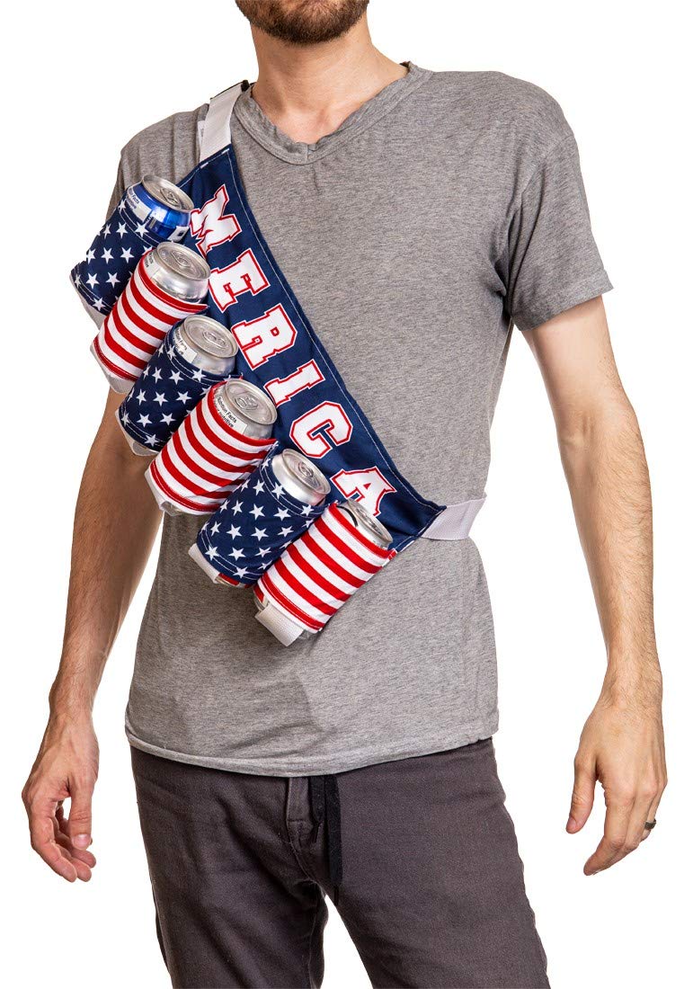 Calhoun Merica Beverage Belt worn at a tailgate demonstrates hands-free sipping.