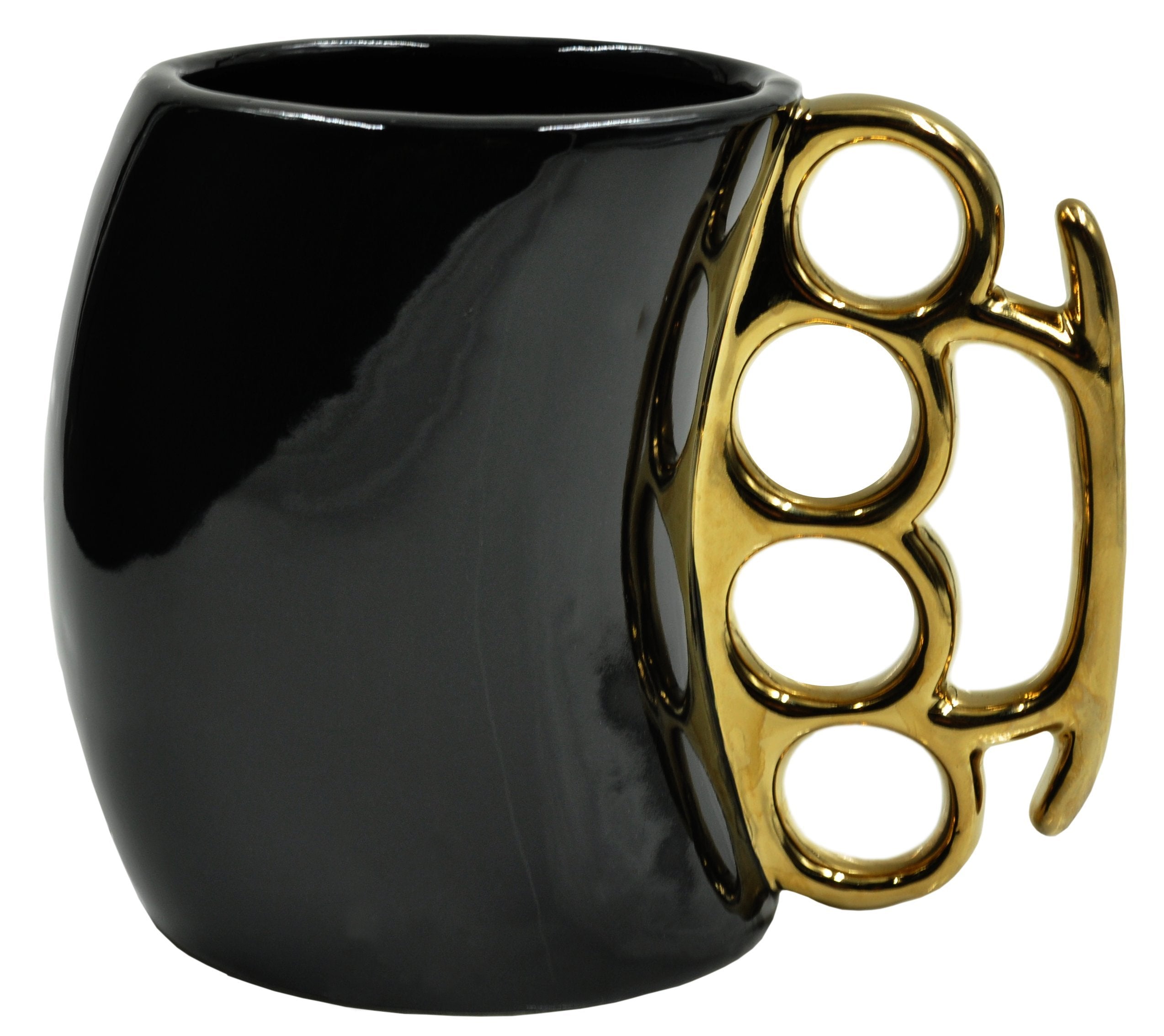 Caliber Gourmet brass knuckles cup in black and gold, bold ceramic mug for collectors.