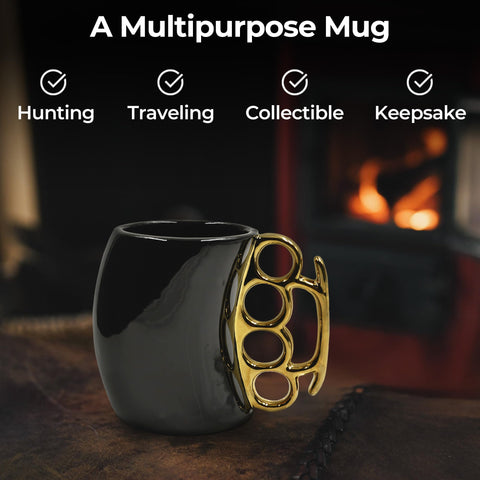 Caliber Gourmet brass knuckles cup handle close-up highlighting distinctive grip.