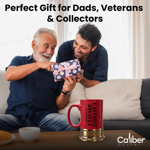 Caliber Gourmet ceramic shotgun shell mug with cylinder-inspired look for bold coffee moments.
