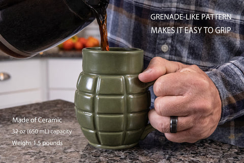 Caliber Gourmet Green Grenade mug, side view, generous 13.5 oz capacity for daily coffee.