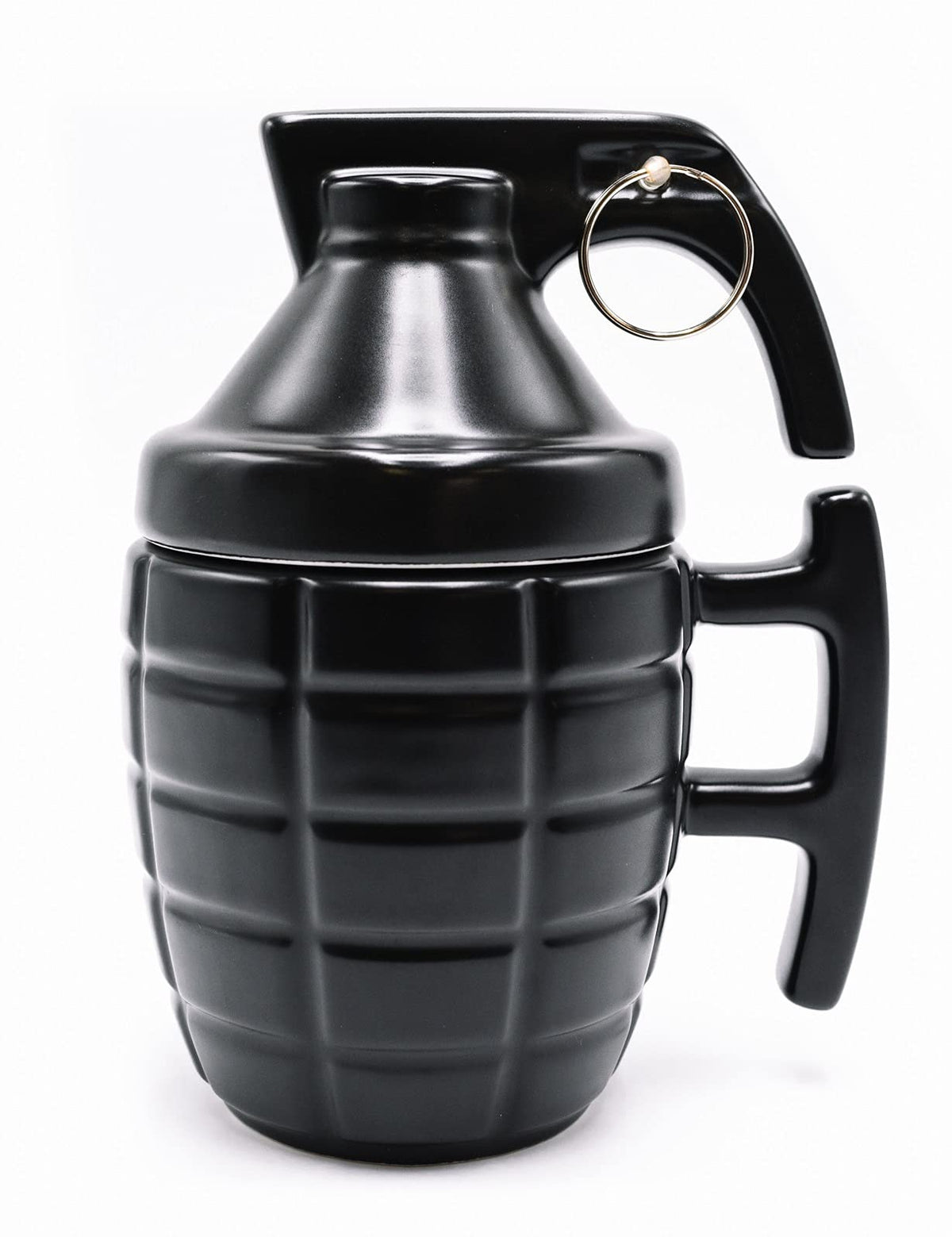 Caliber Gourmet grenade mug with lid, a bold ceramic piece for coffee lovers.