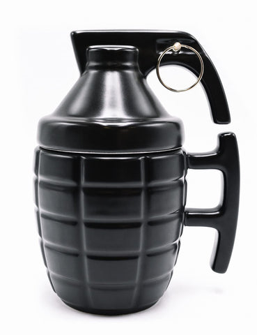 Caliber Gourmet grenade mug with lid, a bold ceramic piece for coffee lovers.