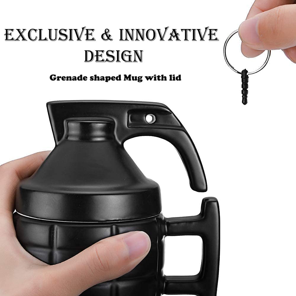 Caliber Gourmet grenade mug in use, enjoy coffee or tea during camping or office breaks.