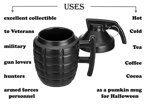 Caliber Gourmet grenade mug side profile shows a tactical silhouette in a glossy black ceramic finish.