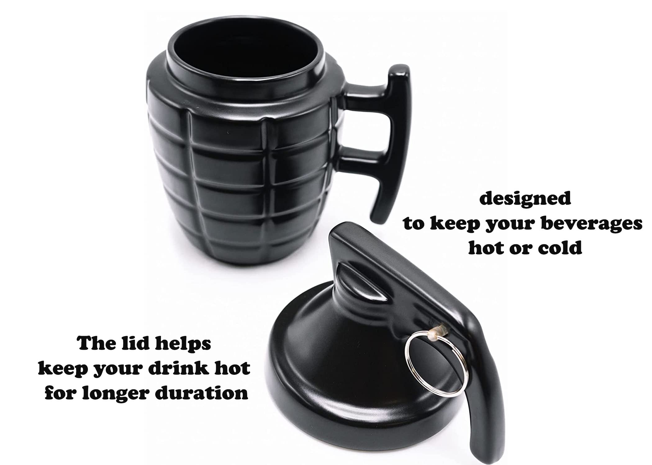 Caliber Gourmet grenade mug travel-friendly size fits cup holders and K-Cup machines.