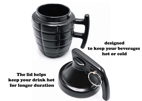 Caliber Gourmet grenade mug travel-friendly size fits cup holders and K-Cup machines.
