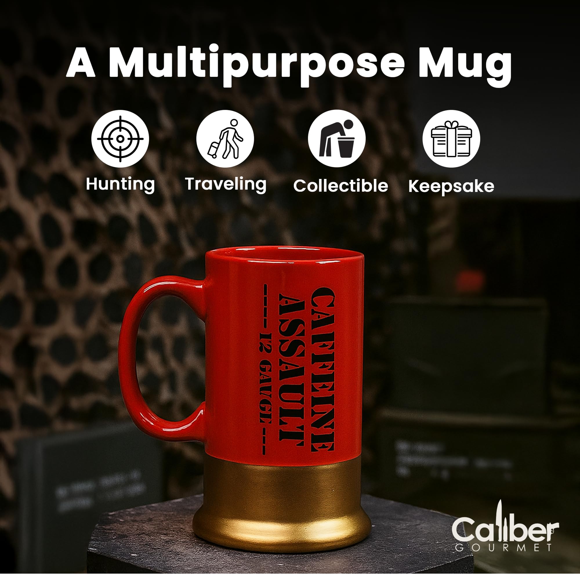 Caliber Gourmet hunting lodge desktop mug stands out in a man cave.