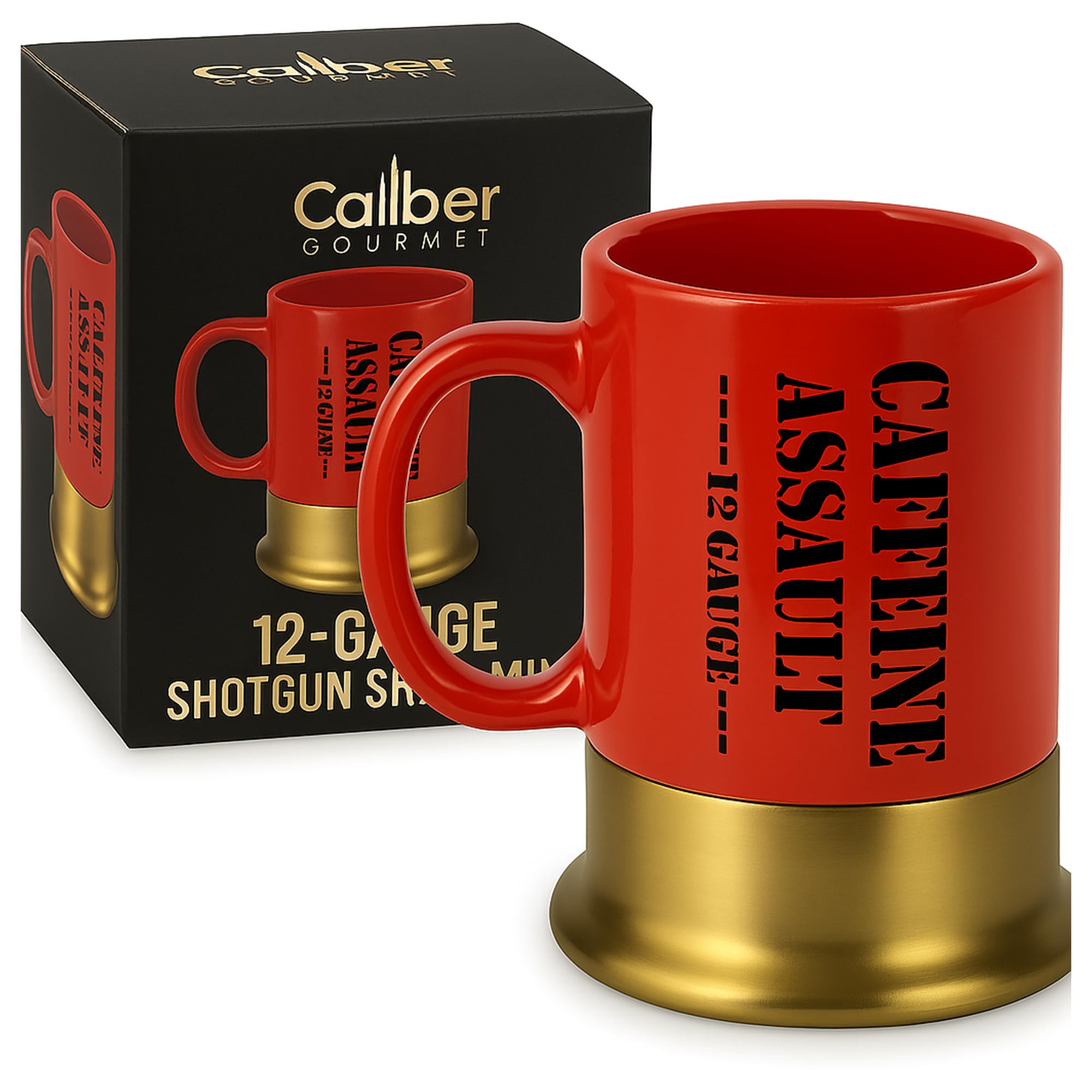 Caliber Gourmet twelve-gauge shell mug in red, bold design for collectors.