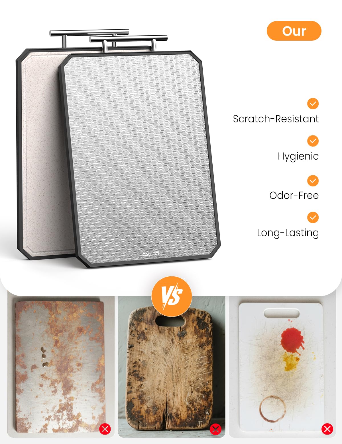 Callsky board with non-slip edges stays steady during chopping.