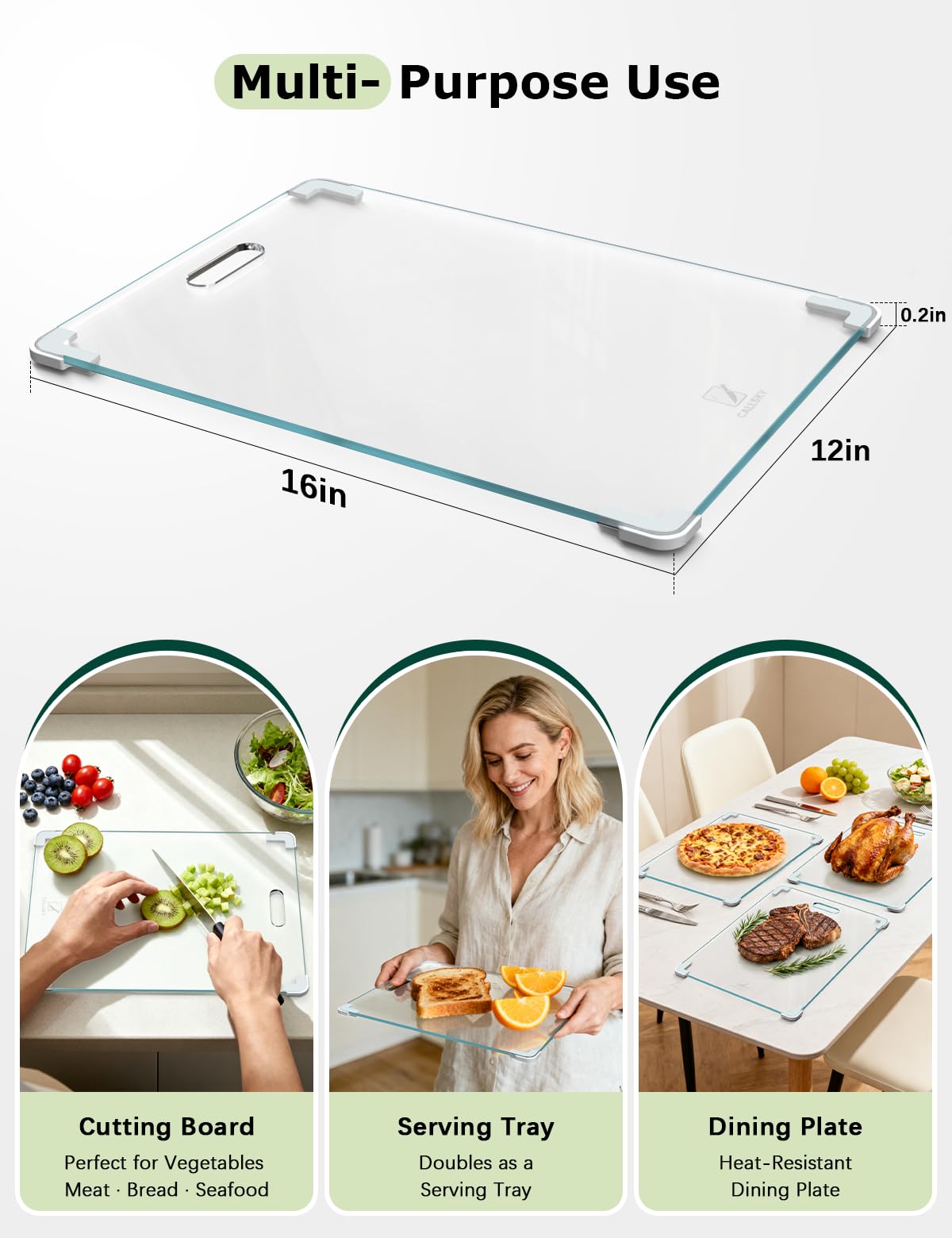 Callsky glass cutting board with non-slip feet prevents sliding during preparation.