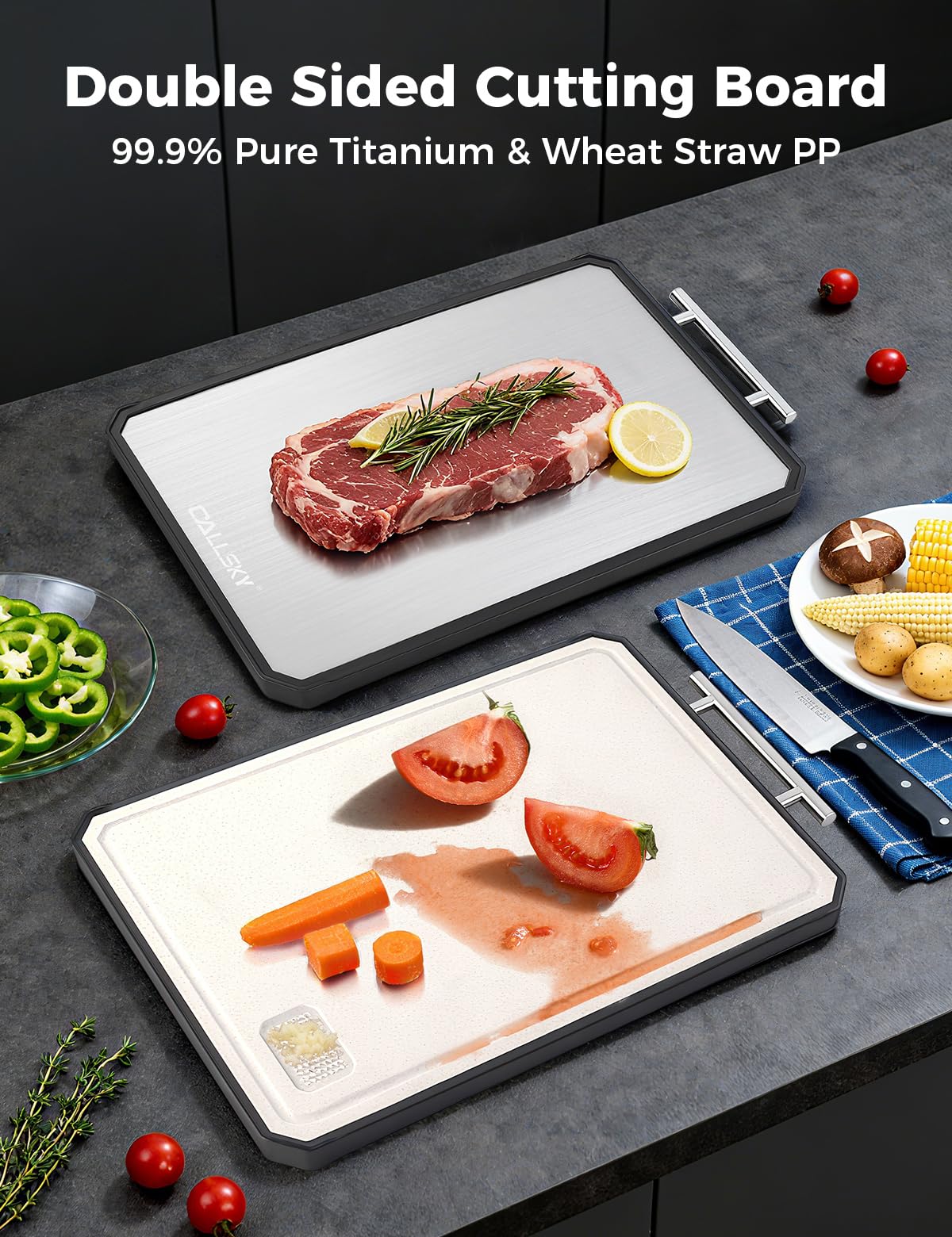 Callsky titanium cutting board with mesh-textured surface resists odors.