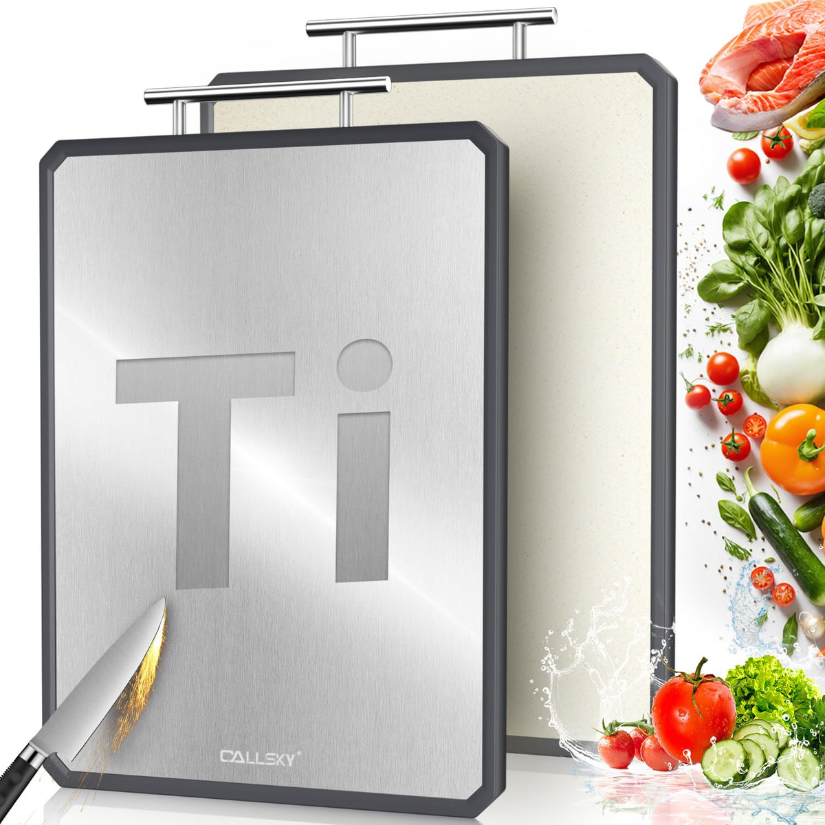Callsky titanium cutting board with raised rim to contain juices while prepping