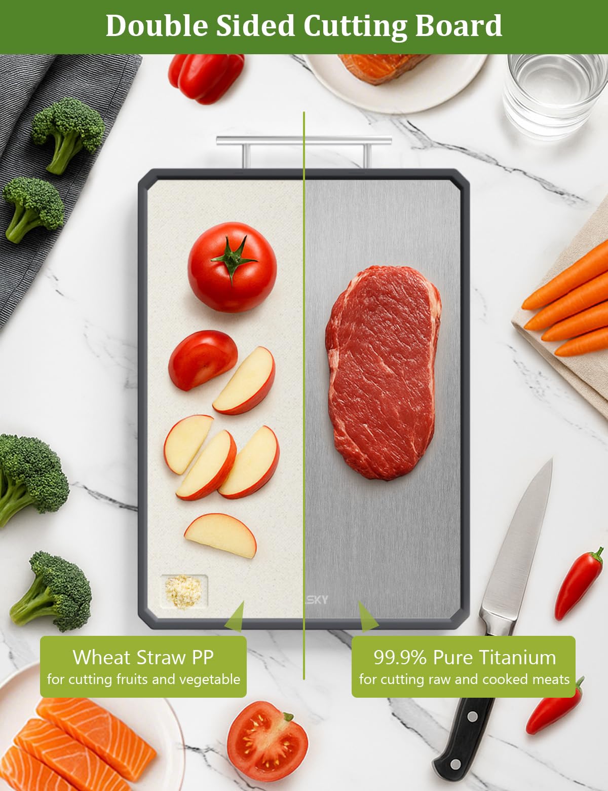 Callsky two-in-one cutting board showing dual-sided design for meat and produce
