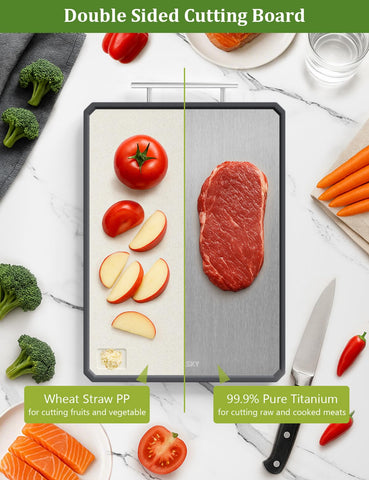 Callsky two-in-one cutting board showing dual-sided design for meat and produce