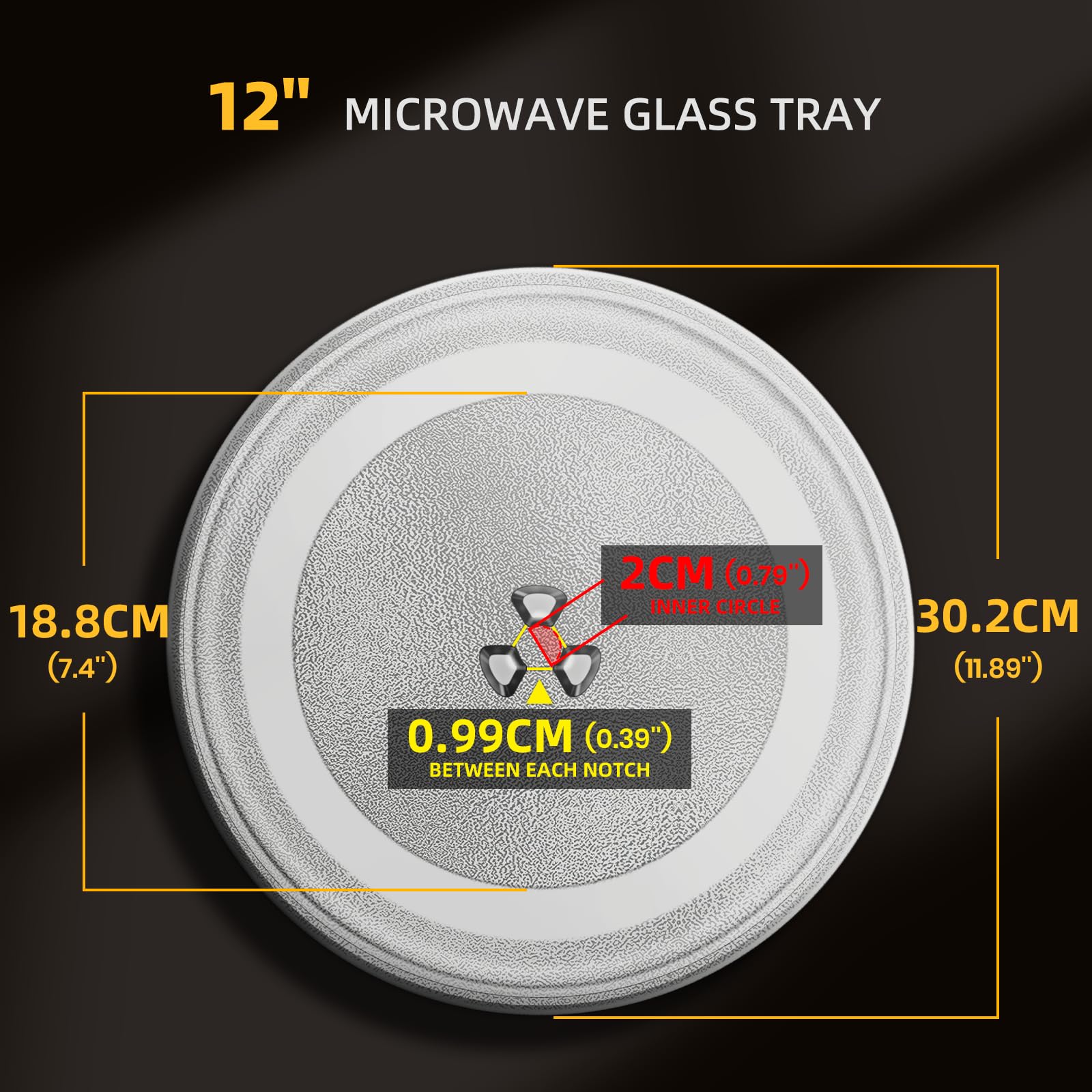 CALPALMY 12in microwave glass plate side profile showing snug fit for safe rotation.