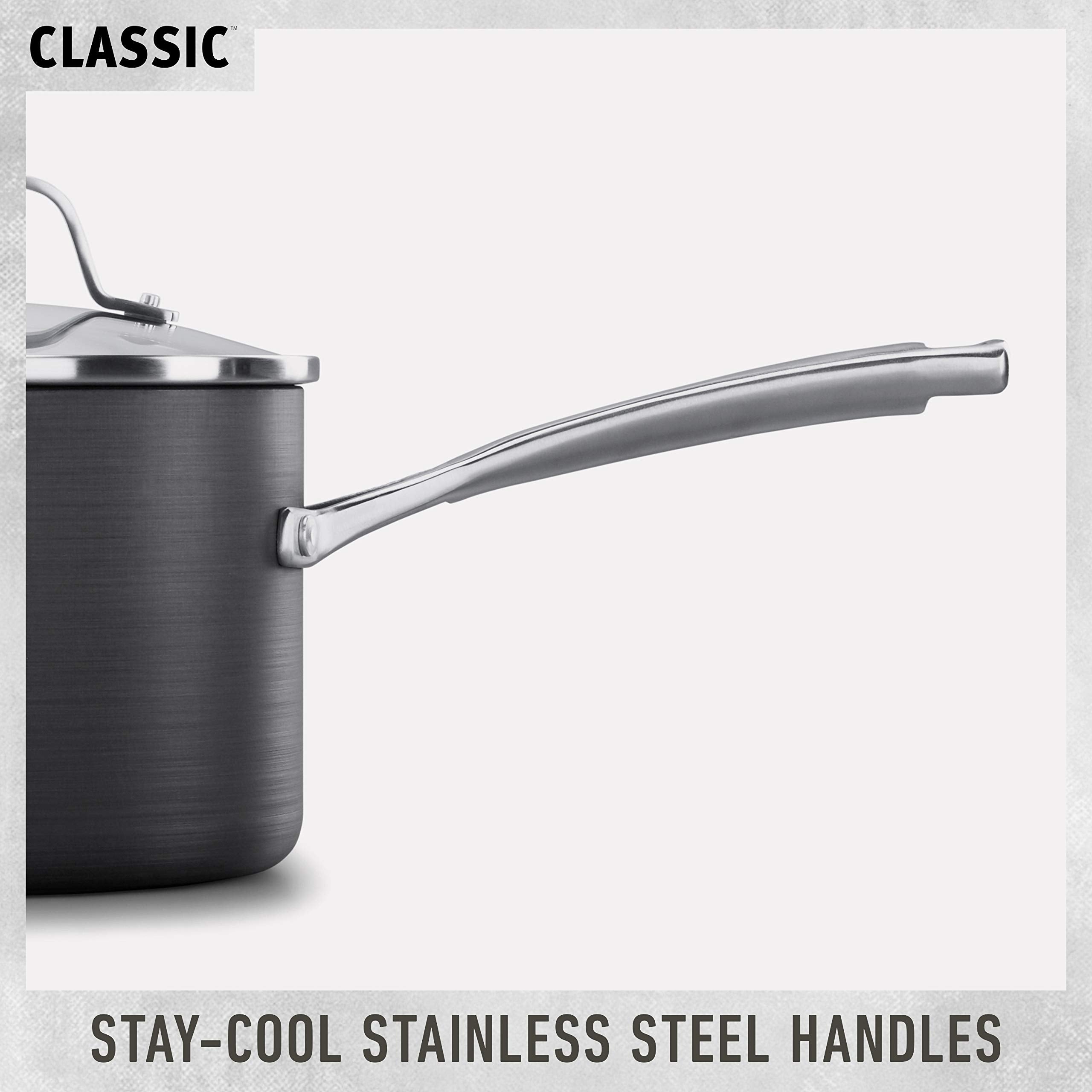 Calphalon Classic 8in nonstick omelet pan on stovetop illustrating oven-safe design.