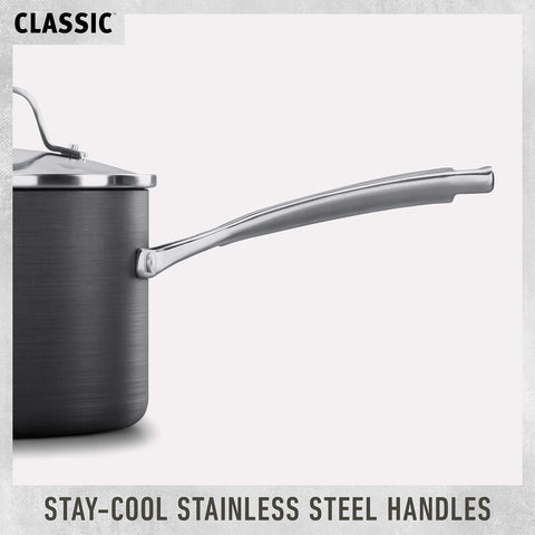 Calphalon Classic 8in nonstick omelet pan on stovetop illustrating oven-safe design.
