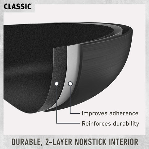 Calphalon Classic 8in nonstick omelet pan side handle highlights stay-cool grip.