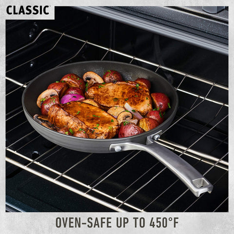 Calphalon Classic 8in nonstick pan after-use cleaning prompts quick cleanup.