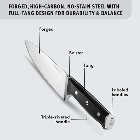 Calphalon Classic full-tang design enhances balance and control during prep.