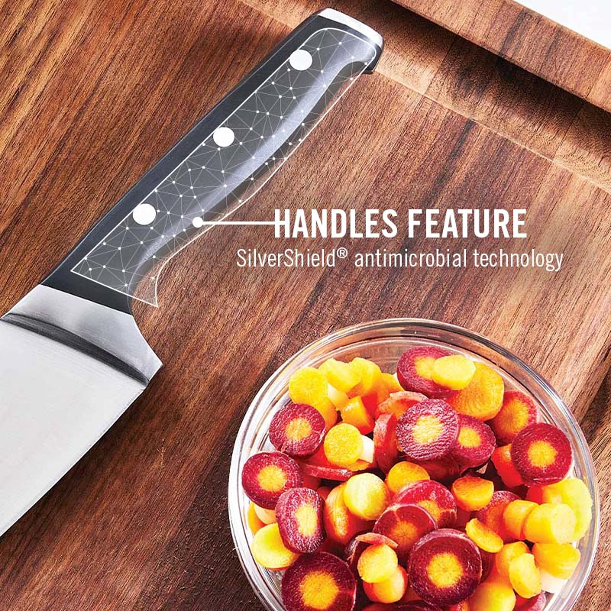 Calphalon Classic 8in chef knife shown for balanced, controlled slicing
