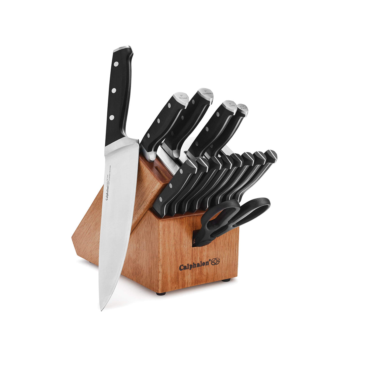 Calphalon Classic self-sharpening knife block set with wood block for organized storage.