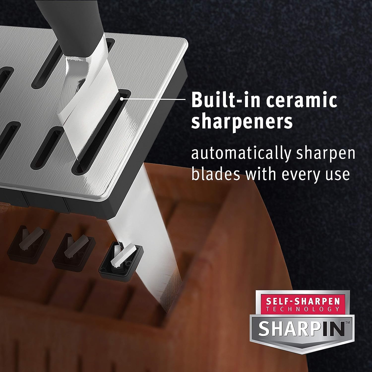 Calphalon Classic wood block keeps knives organized and ready to grab.