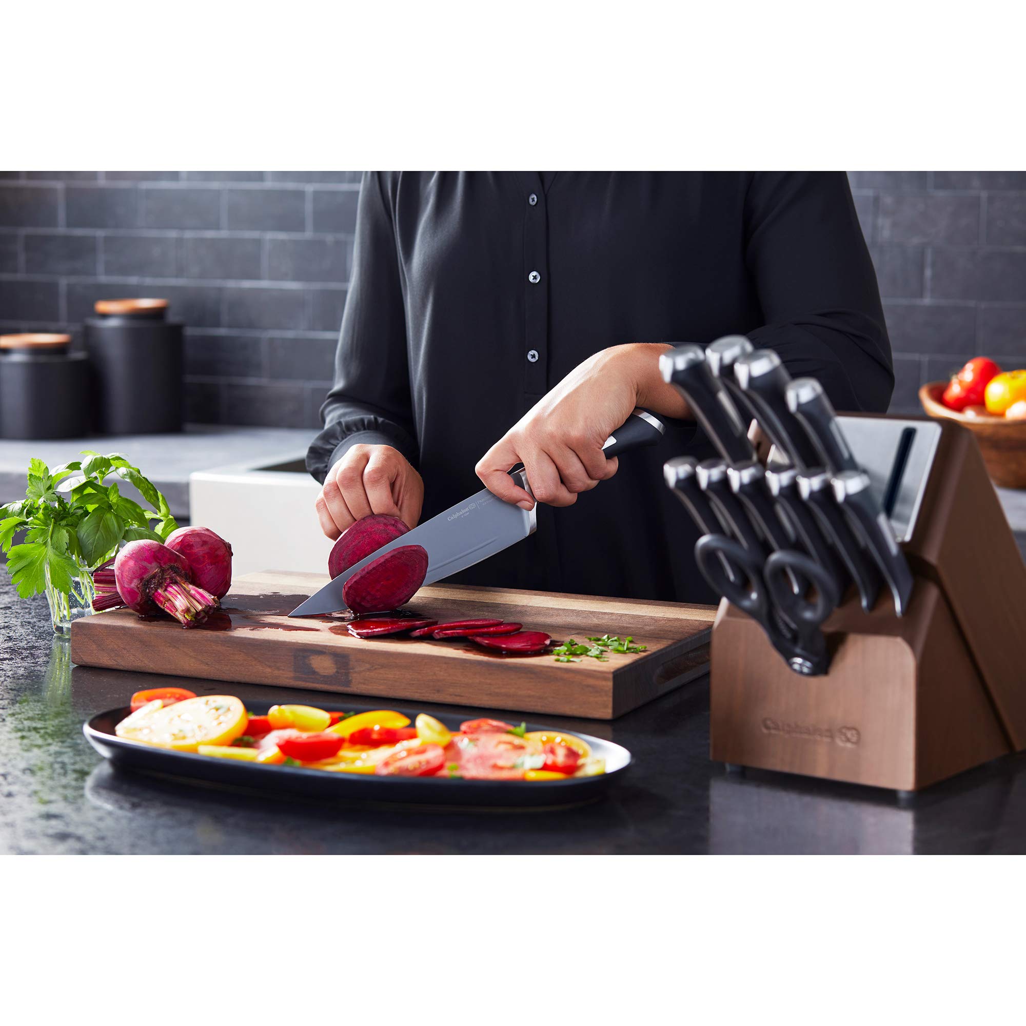 Calphalon ergonomic grip offers comfortable control during prep.