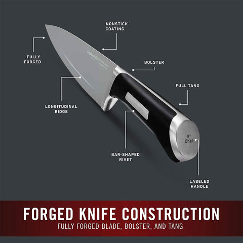 Calphalon full-tang forged steel knives provide balanced cutting.