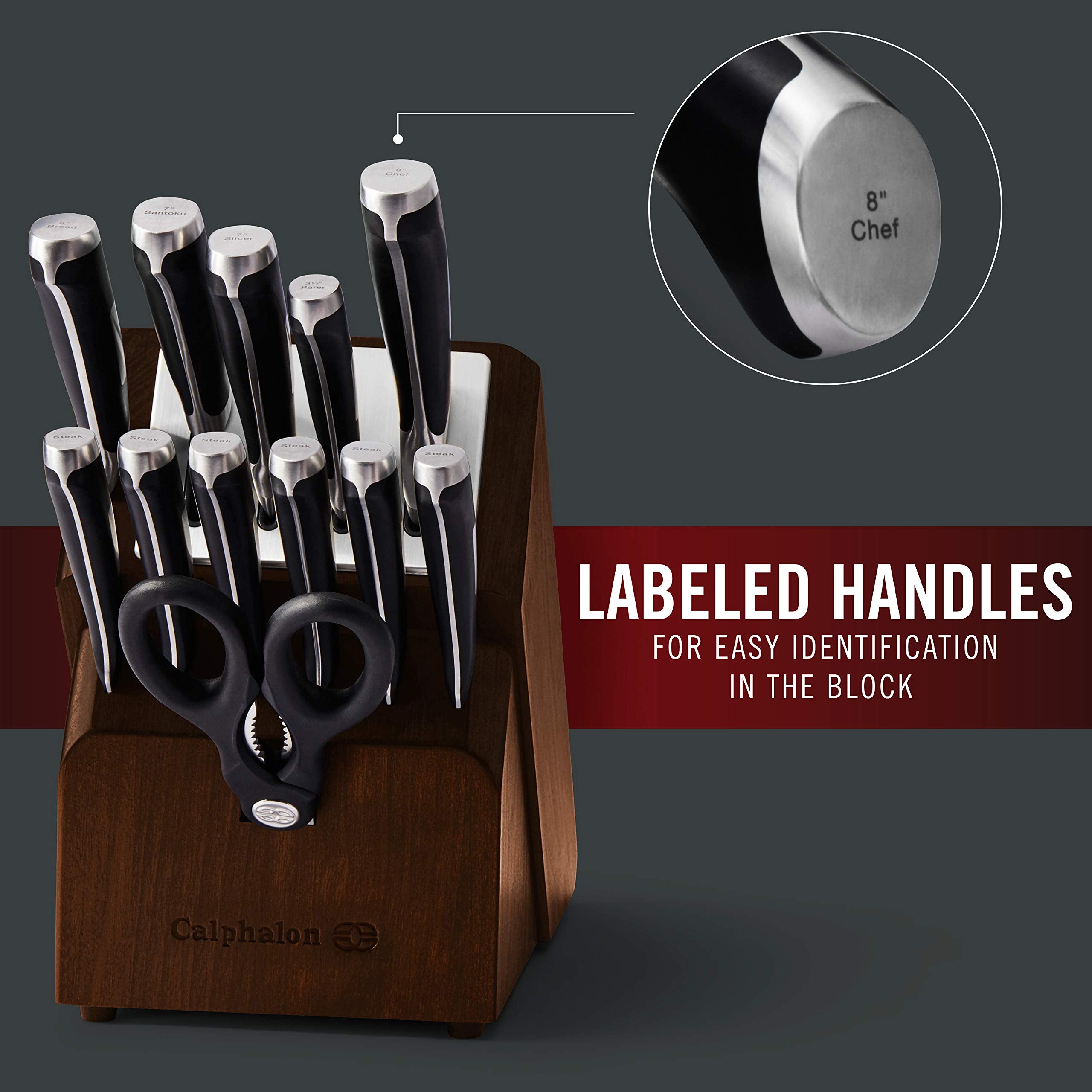Calphalon knife block slot design supports easy blade access.