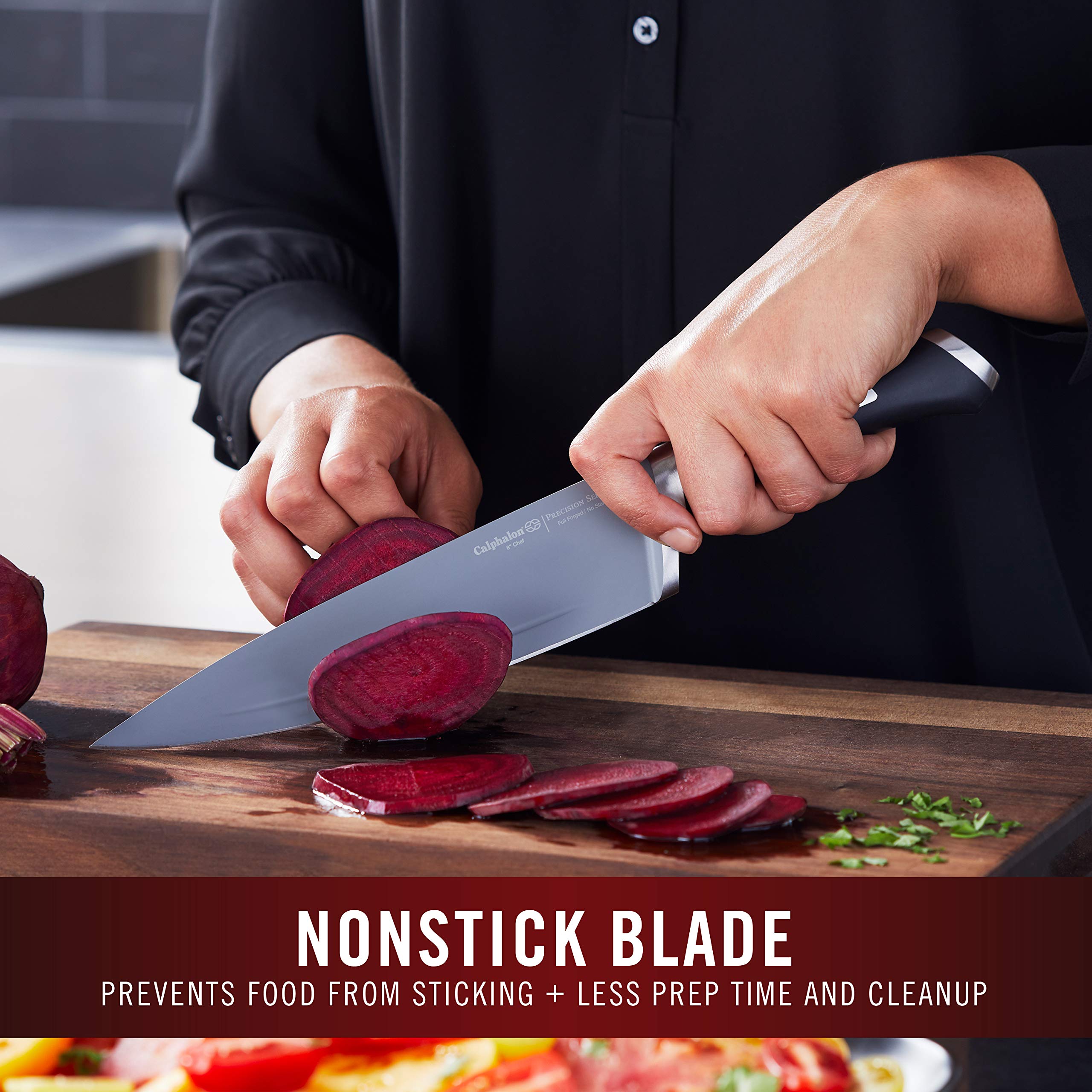 Calphalon nonstick blade ridge detail for smooth food release.