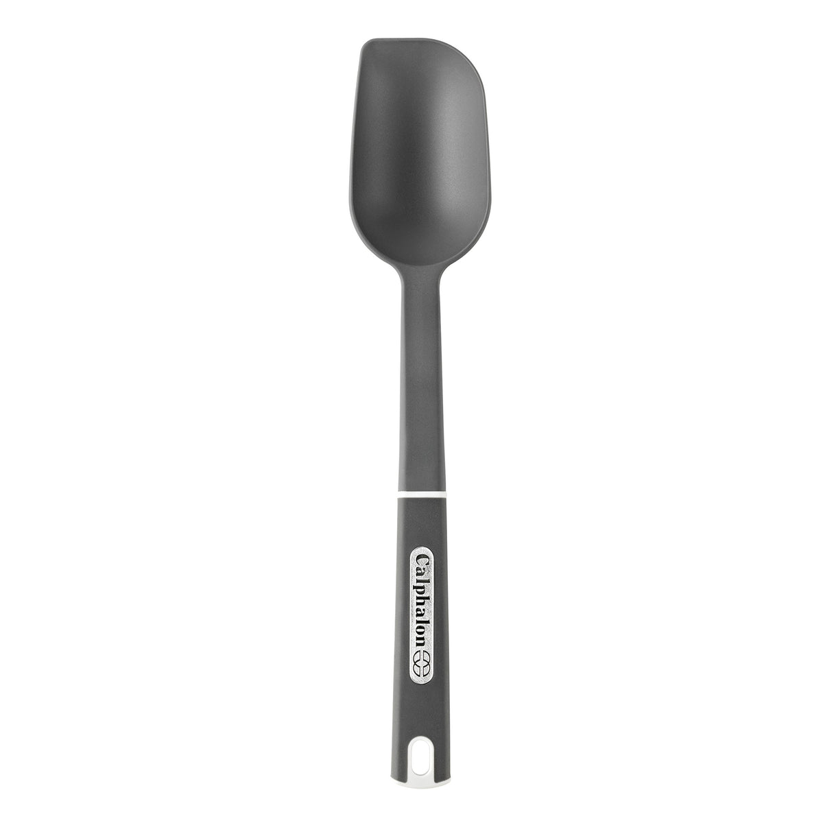 Calphalon nylon solid spoon large with flat edge for scraping pans and stirring sauces.