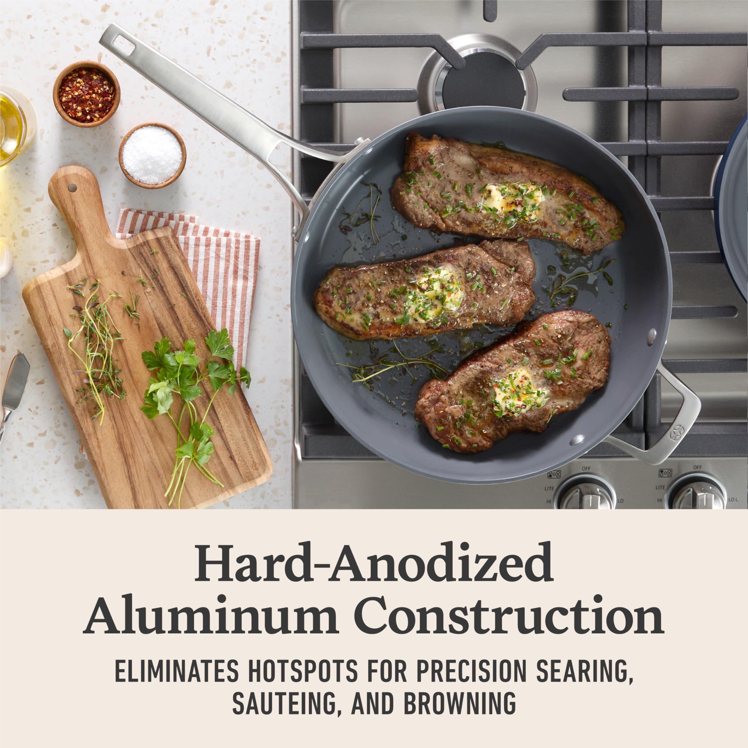 Cool to touch stainless steel handle on Calphalon Premier nonstick pan.