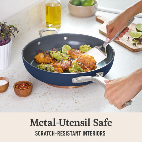 Quick Clean Technology feature on Calphalon Premier ceramic nonstick pan.
