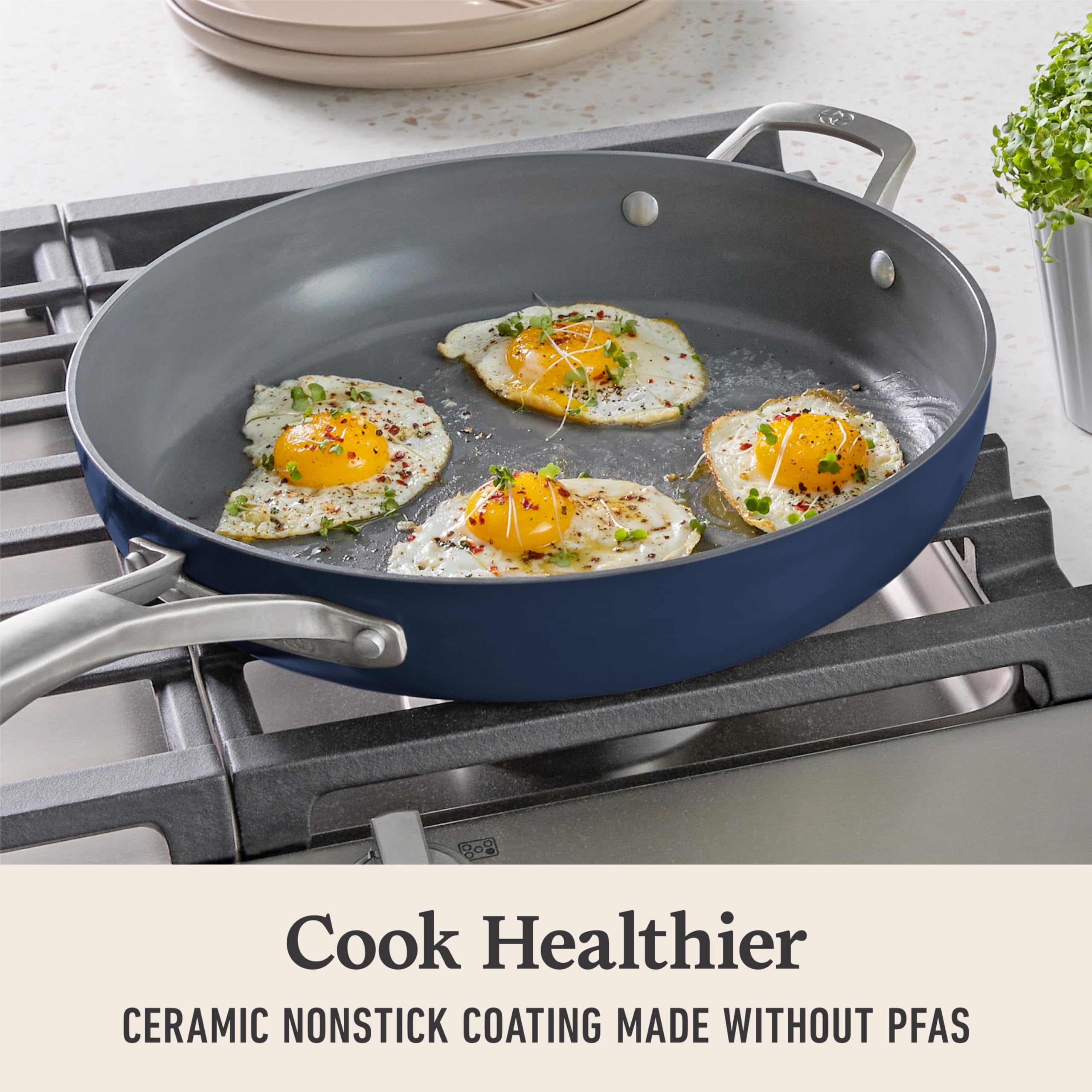 Scratch resistant interior of Calphalon Premier ceramic nonstick pan.