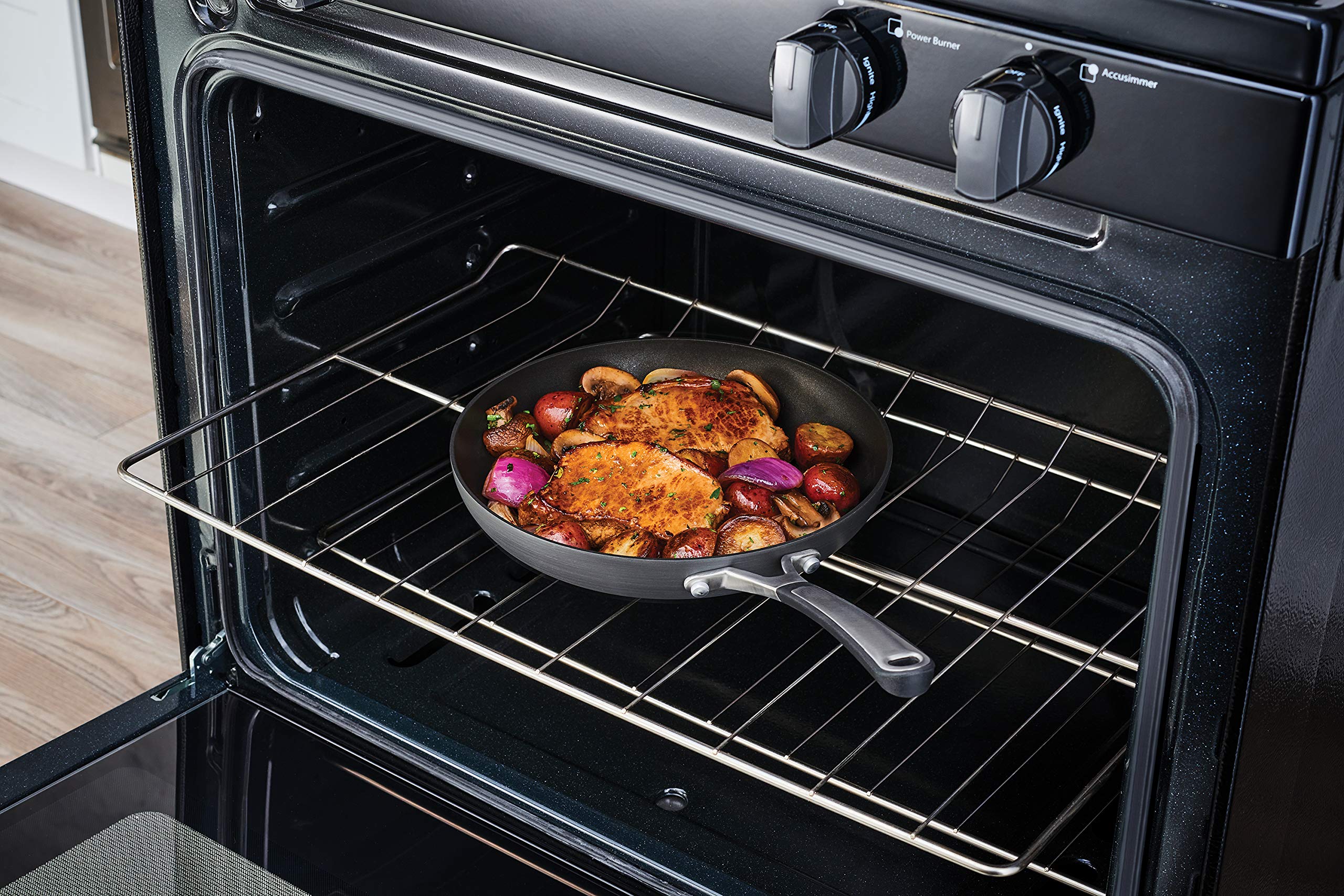 Calphalon stay-cool handle detail showing safety feature during stovetop use.