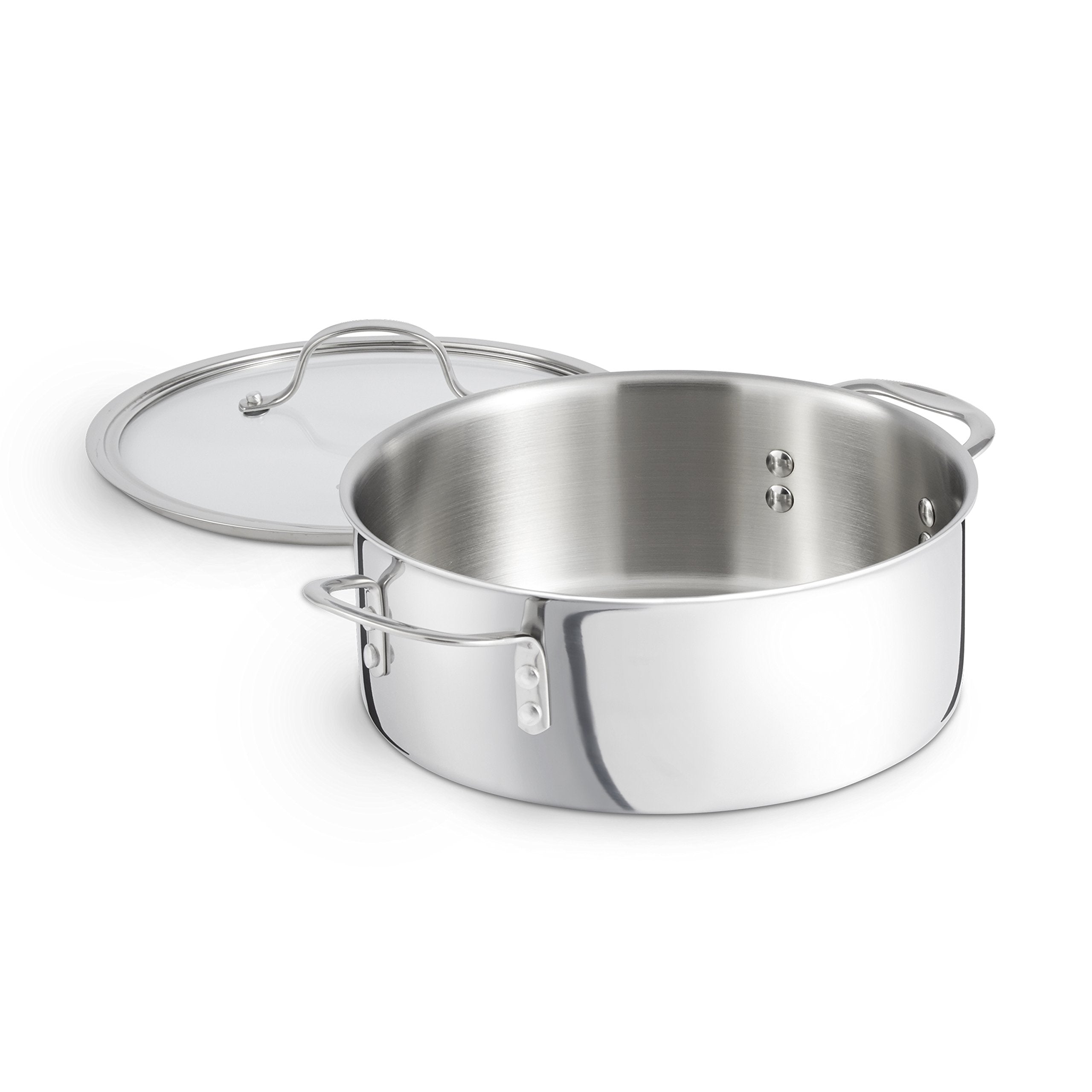 Calphalon exterior brushed stainless steel shows elegant finish for oven-to-table use.
